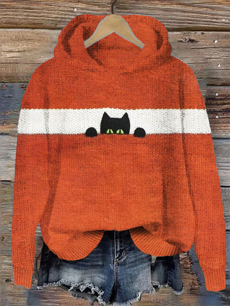 Comstylish Funny Cat Knit Women's Hooded Sweater