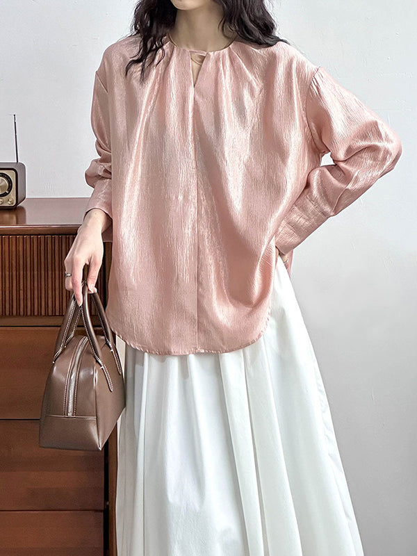 Long Sleeves Loose Hollow Shiny Color Round-neck Blouses&shirts Tops