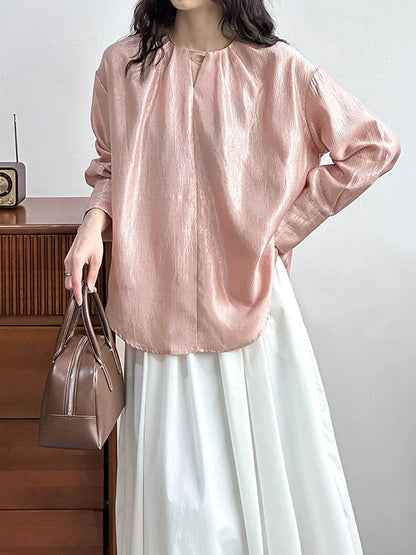 Long Sleeves Loose Hollow Shiny Color Round-neck Blouses&shirts Tops
