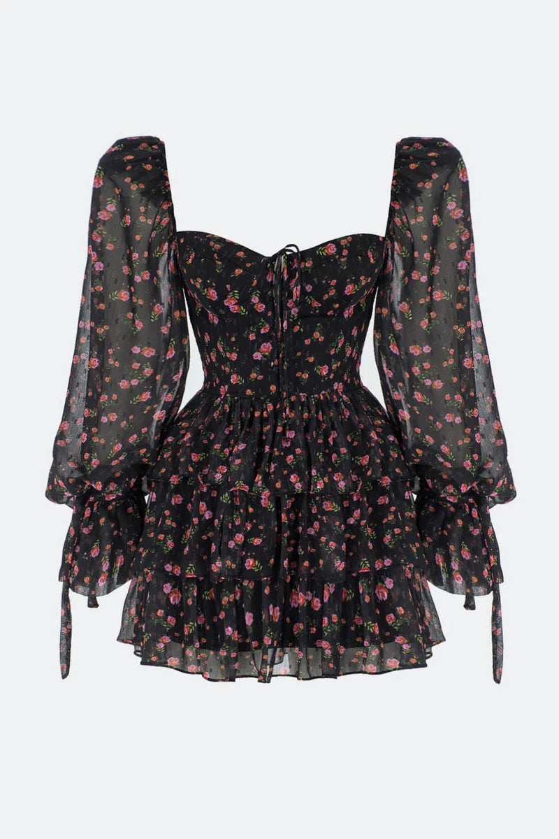 Puff Sleeve Corset Tiered Ruffle Hem Mini Dress