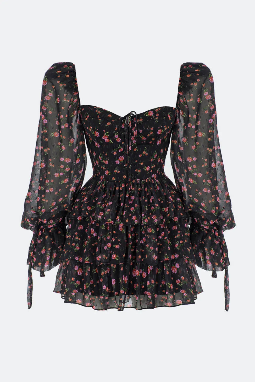Puff Sleeve Corset Tiered Ruffle Hem Mini Dress