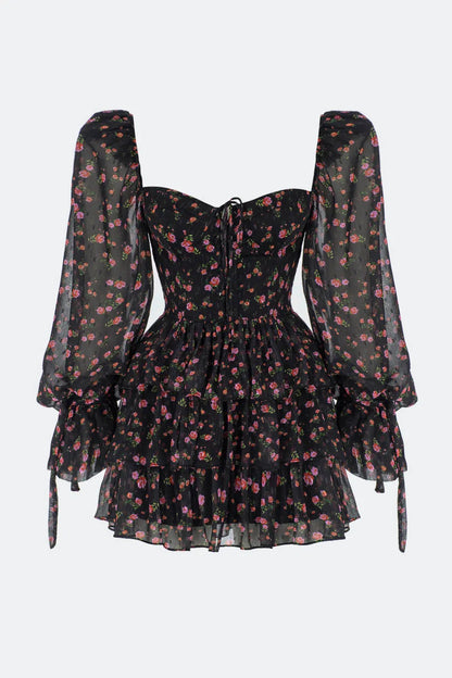 Puff Sleeve Corset Tiered Ruffle Hem Mini Dress