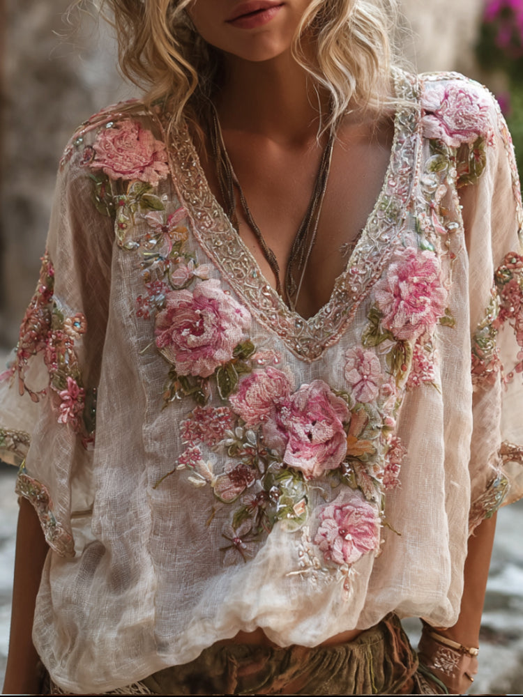 Bohemian Style Romantic Rose Three-dimensional Embroidery Sequin Short Sleeved V-neck Casual Top elevenforest