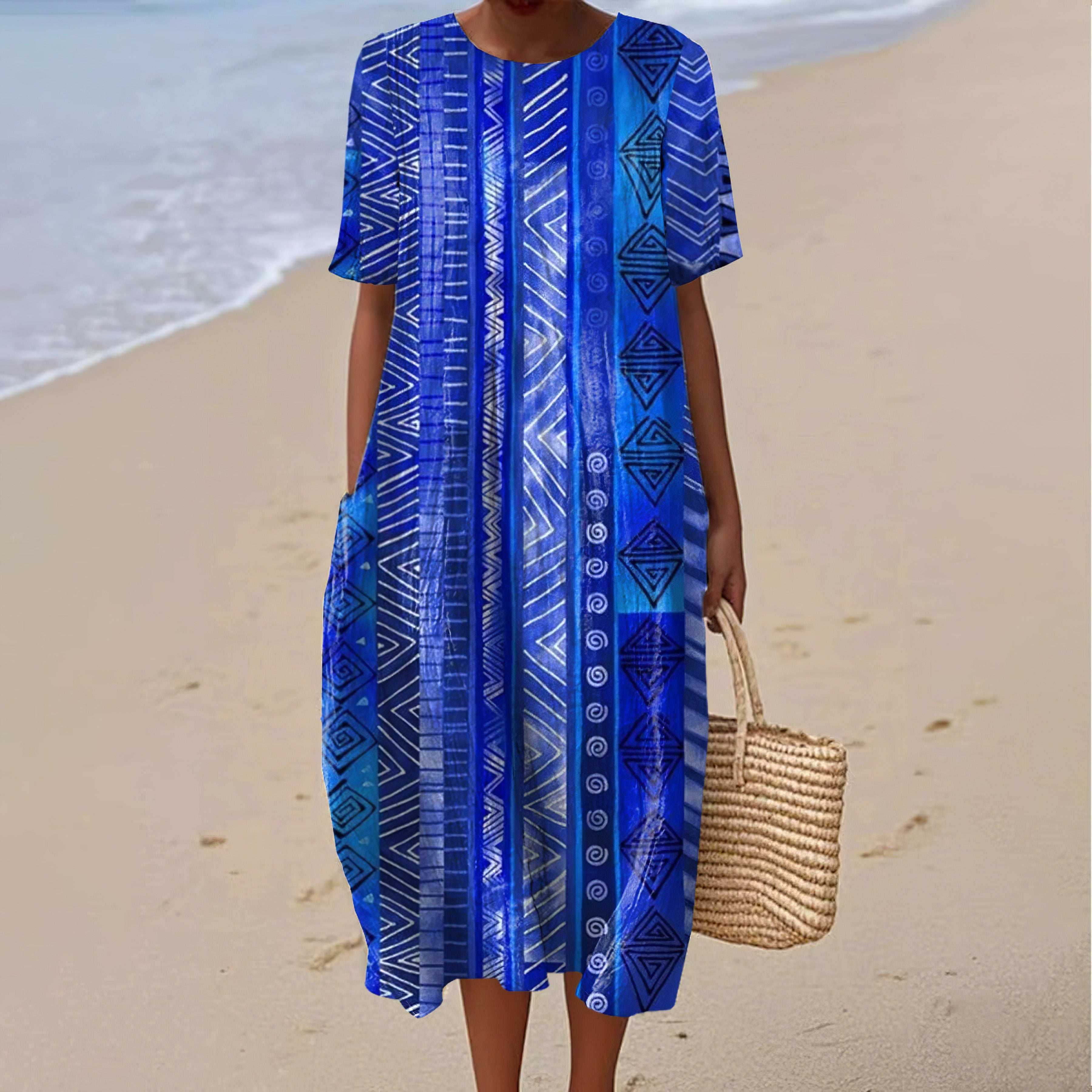 Comstylish Geometric Art Print Round Neck Short Sleeve Midi Dress