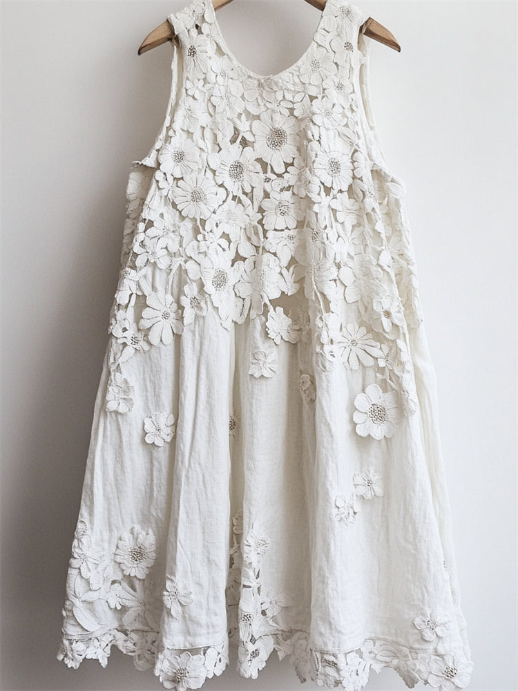 Classy 3d Floral Hollow Lace Patchwork Linen Tank Dress elevenforest