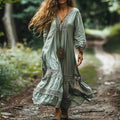 Women's Bohemian V-neck Linen Blend Ethnic Midi Dress elevenforest
