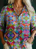 Women's Colorful Diamond Tattoo Pattern Art Print Casual Cotton Shirt