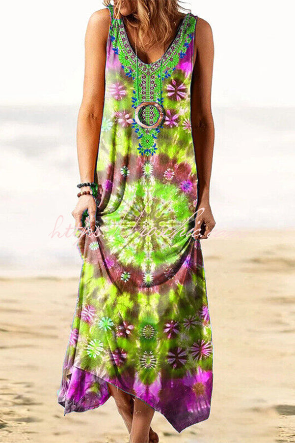 Play in Paradise Tie-dye Print Loose Tank Mid Dress