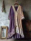 Vintage Lace Patchwork Clashing Color Women's Linen Long Dress elevenforest