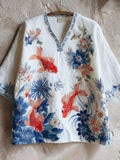 Goldfish & Flower Embroidery Japanese Style Women's Linen V-neck Shirt elevenforest