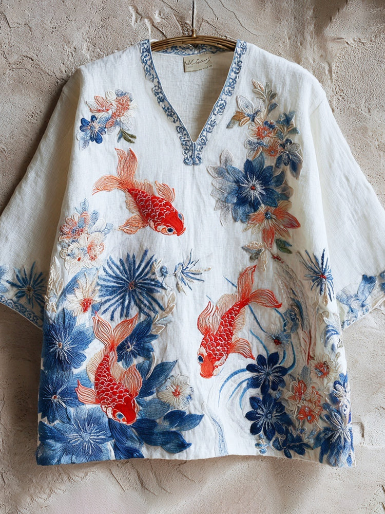 Goldfish & Flower Embroidery Japanese Style Women's Linen V-neck Shirt elevenforest