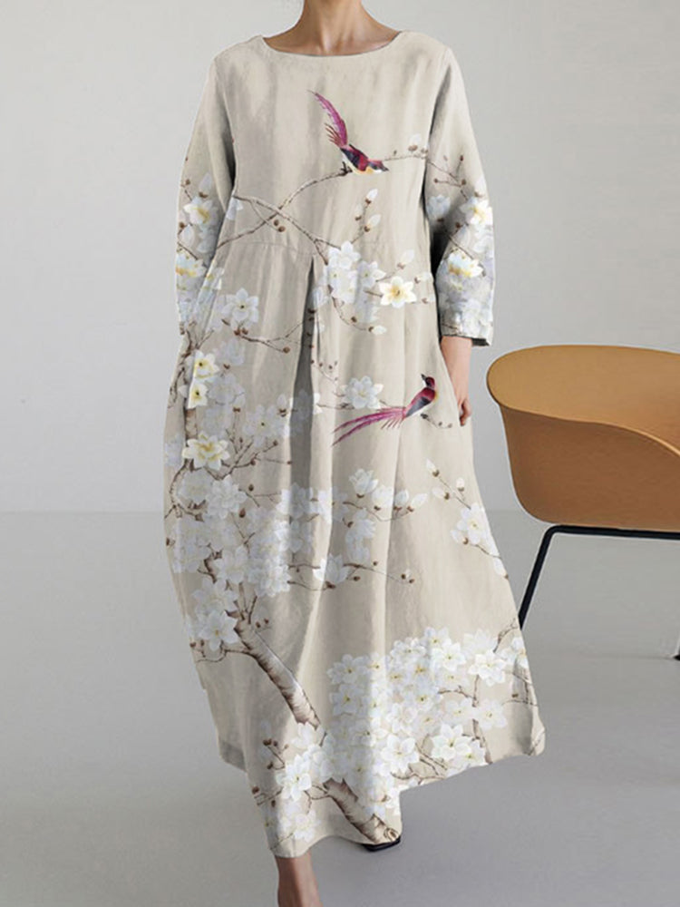 Floral Round Neck Long Sleeve Midi Dress