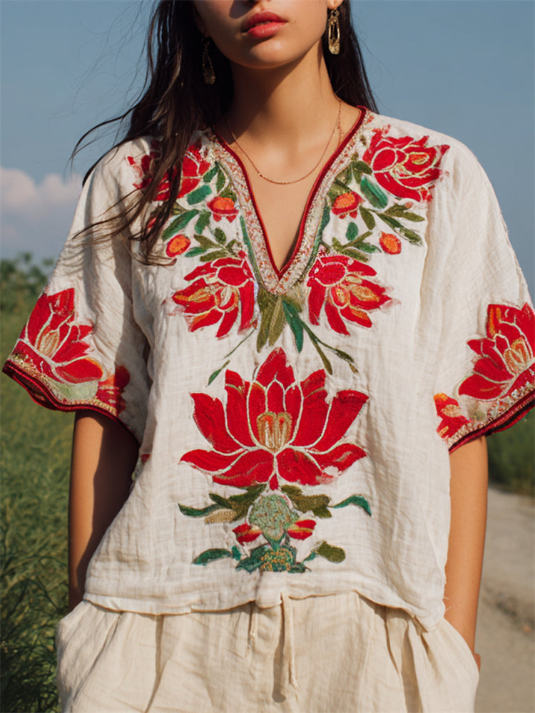 Water Lily Embroidered Ethnic Vintage Linen Tunic elevenforest