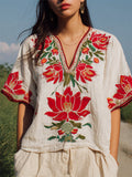 Water Lily Embroidered Ethnic Vintage Linen Tunic elevenforest