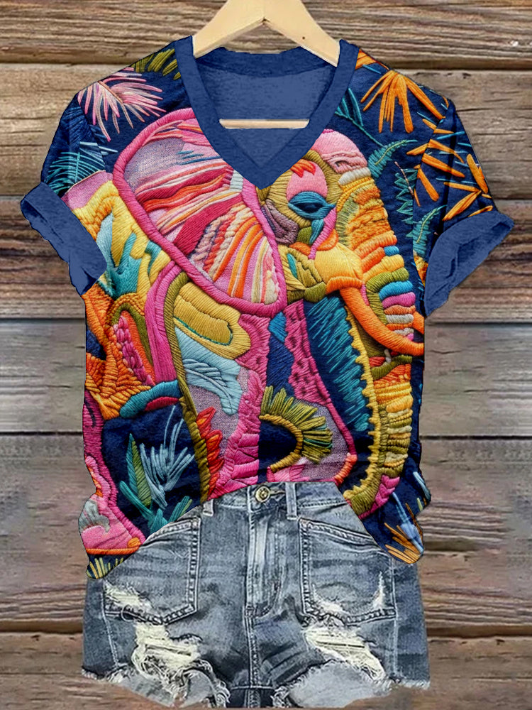 Comstylish Elephant Embroidered V Neck Comfy T Shirt