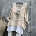 Comstylish Women's Cute Cat With Cherry Blossoms Ink Art V-neck Linen Blend T-shirt
