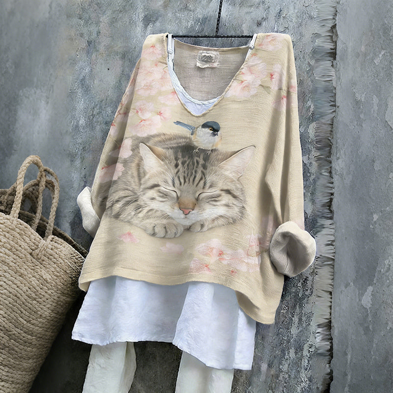 Comstylish Women's Cute Cat With Cherry Blossoms Ink Art V-neck Linen Blend T-shirt