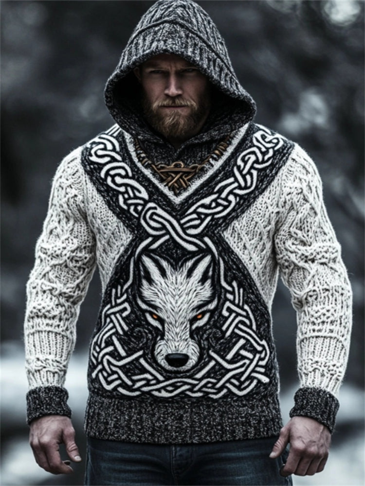 Men's Viking Wolf Celtic Contrast Cozy Chunky Hooded Sweater artswardrobe