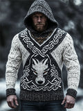 Men's Viking Wolf Celtic Contrast Cozy Chunky Hooded Sweater elevenforest
