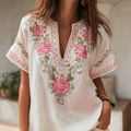 Pink Rose Embroidery Pattern V-neck Cotton And Linen Women's Short-sleeved Shirt elevenforest