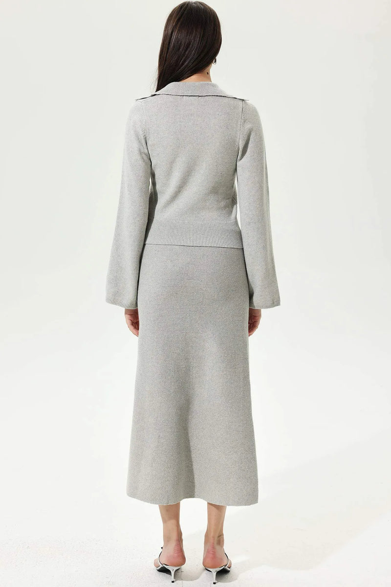 Flared Sleeve V-neck Sweater Half Dress Two-piece Set Grey
