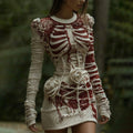 Women's Halloween Halloween Skeleton Bones Bandage With Rose Art Cozy Knit Mini Sweater Dress elevenforest