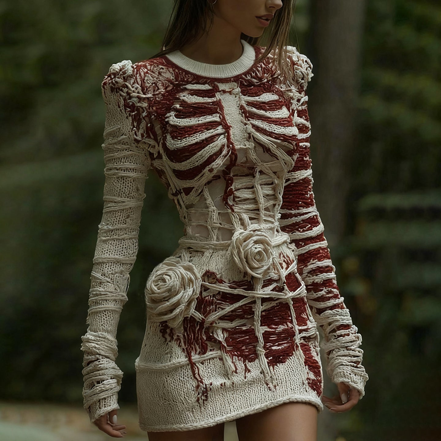 Women's Halloween Halloween Skeleton Bones Bandage With Rose Art Cozy Knit Mini Sweater Dress artswardrobe