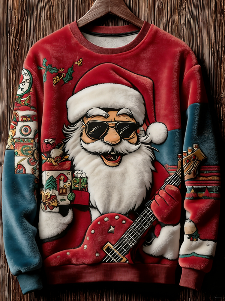 Retro Rock Santa Claus Pattern Printed Men's Flannel Sweatshirt elevenforest