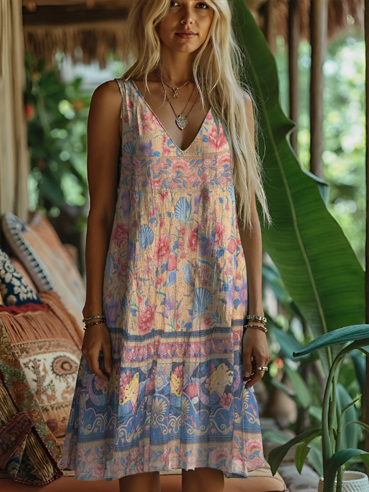 Boho Floral Print Women's Linen Vest Dress elevenforest