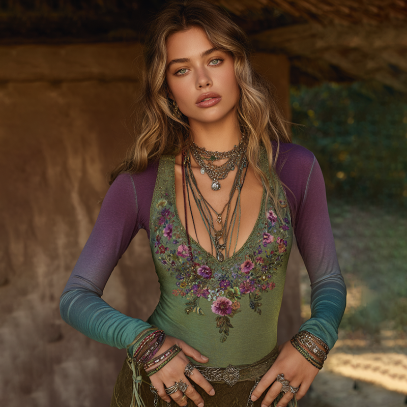 Vintage Western Boho Collection Purple Floral Embroidered Linen Long Sleeve T-shirt elevenforest