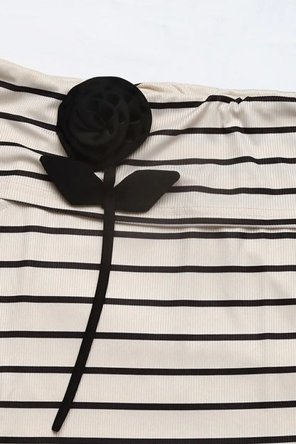 Stripe Patchwork Flower Shape Off Shoulder T-shirts