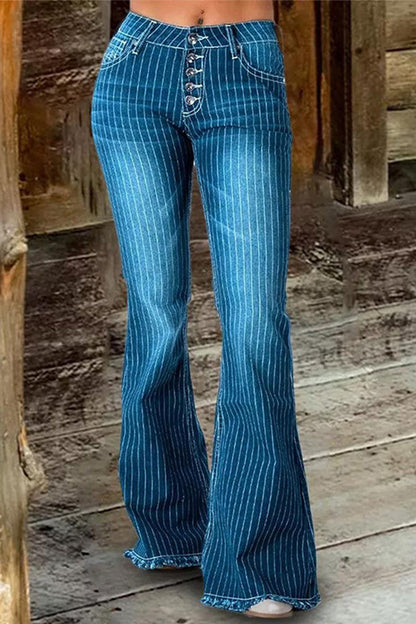 Street Striped Make Old Mid Waist Regular Denim Jeans