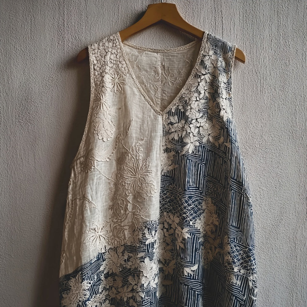 Japanese Floral Patchwork Lace Linen Tank Top elevenforest