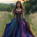Women's Viking Celtic Knot Gradient Pattern Linen Round Neck Maxi Dress elevenforest