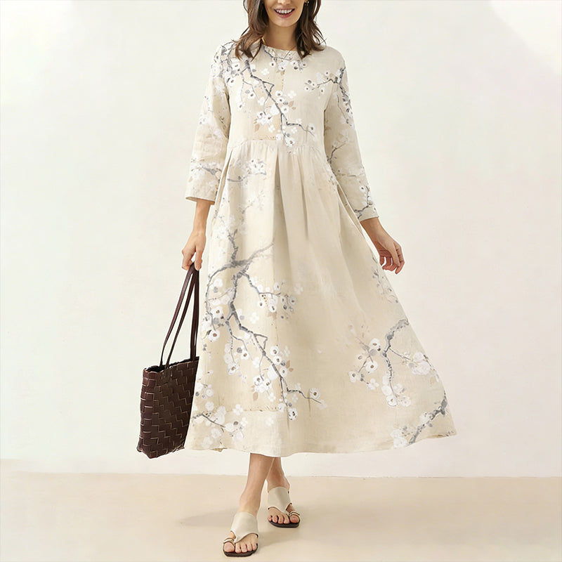 Comstylish Japanese Retro Cherry Blossom Print Art Comfy Maxi Dress