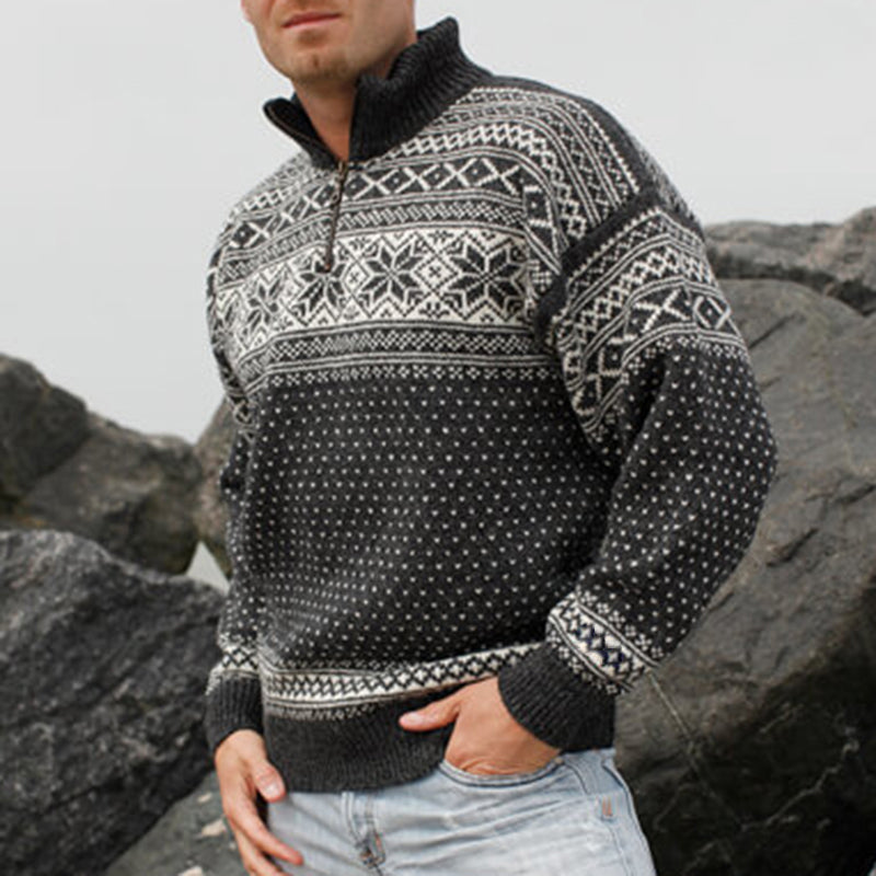 Vintage Warmth Norwool Knit Jacquard Icelandic Half Zip Collar Sweater（Unisex ） elevenforest