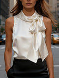 Comstylish Elegant Champagne White Satin Sleeveless Bow Shirt