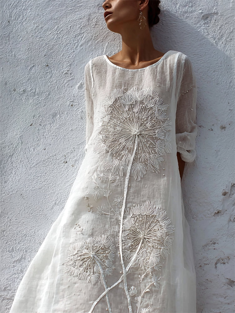 Vintage Classy Dandelion Embroidered Flowy Linen Maxi Dress elevenforest