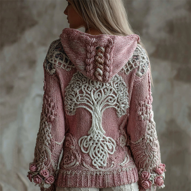 Comstylish Vintage Pink Roses Viking Tree Of Life Hooded Chunky Sweater