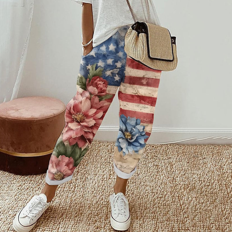 Comstylish Women's Independence Day Floral Print Cotton And Linen Pocket Pants