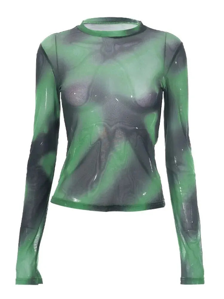 New Sweet Cool Tie Dyed Mesh Woman Clothing Round Neck Slim Fit Long Sleeve Top for High Street T Shirt