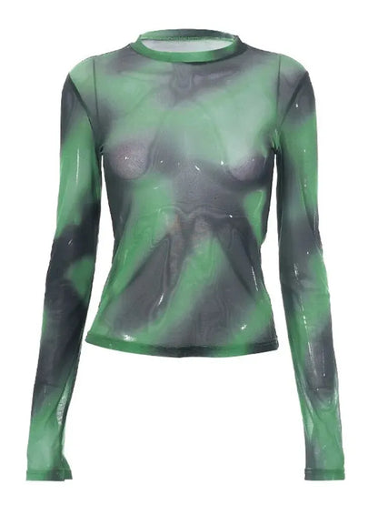 New Sweet Cool Tie Dyed Mesh Woman Clothing Round Neck Slim Fit Long Sleeve Top for High Street T Shirt