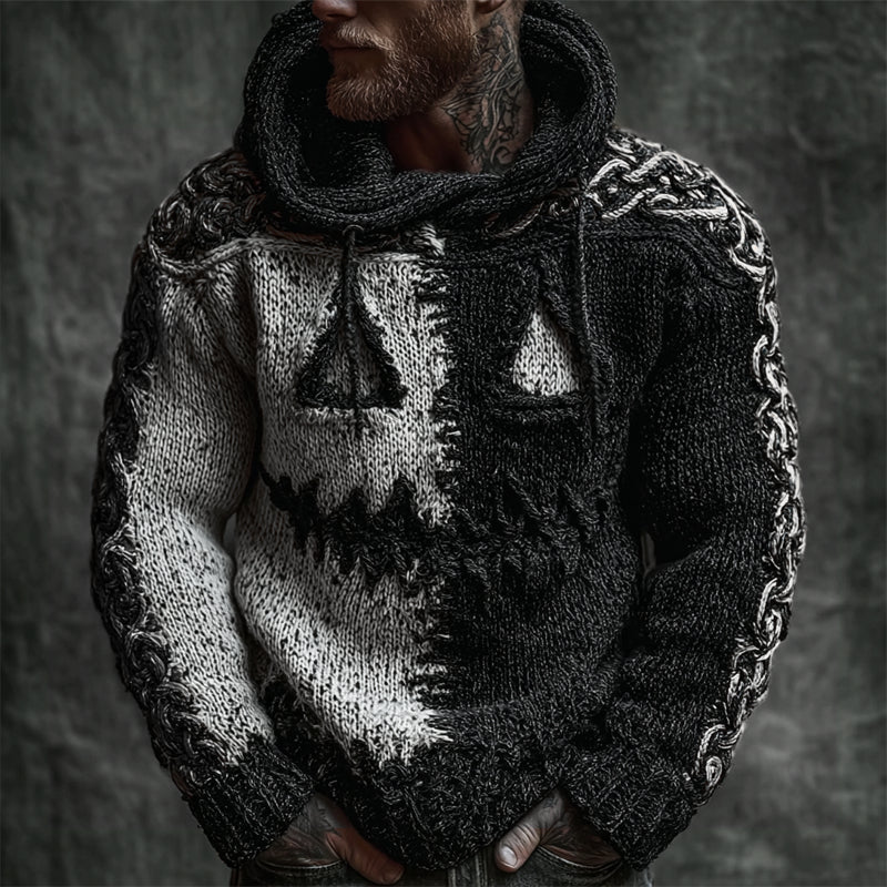 Men's Halloween Pumpkin Face Contrast Stitched Cozy Knit Hooded Sweater elevenforest