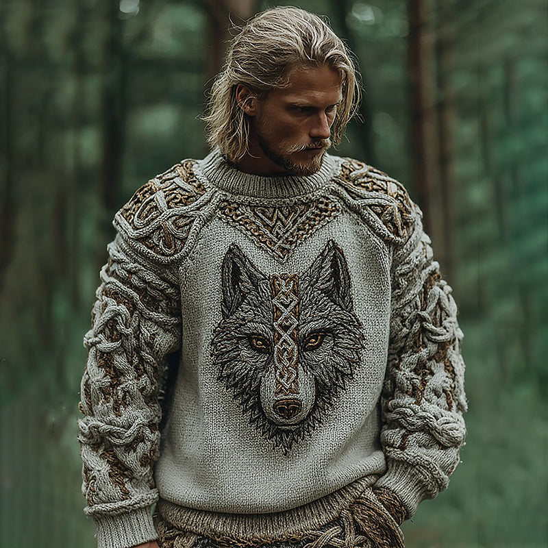 Men's Vintage Viking Wolf Pattern Knit Pullover Sweater elevenforest