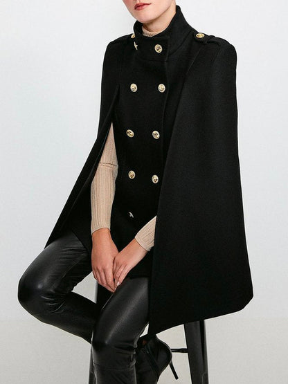 Loose Buttoned Color Stand Collar Woolen Coat Cape Coats