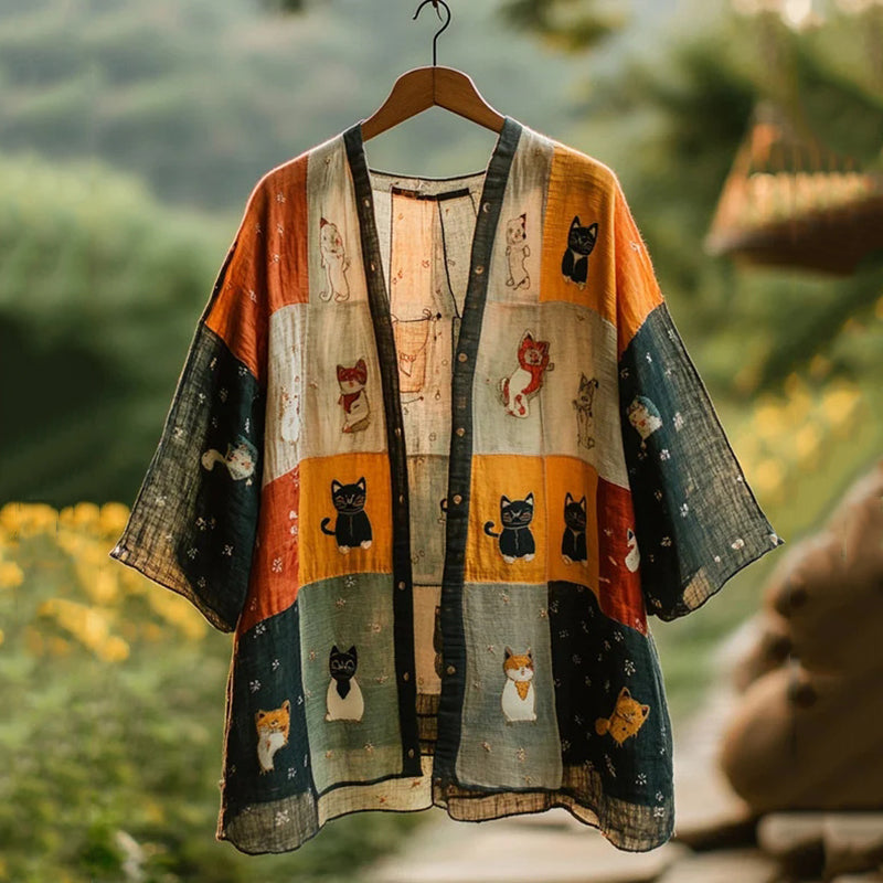 Summer Farm Cute Cat Natural Patchwork Linen Kimono elevenforest