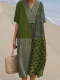 Vintage Patchwork Linen Blend V-Neck Dress elevenforest