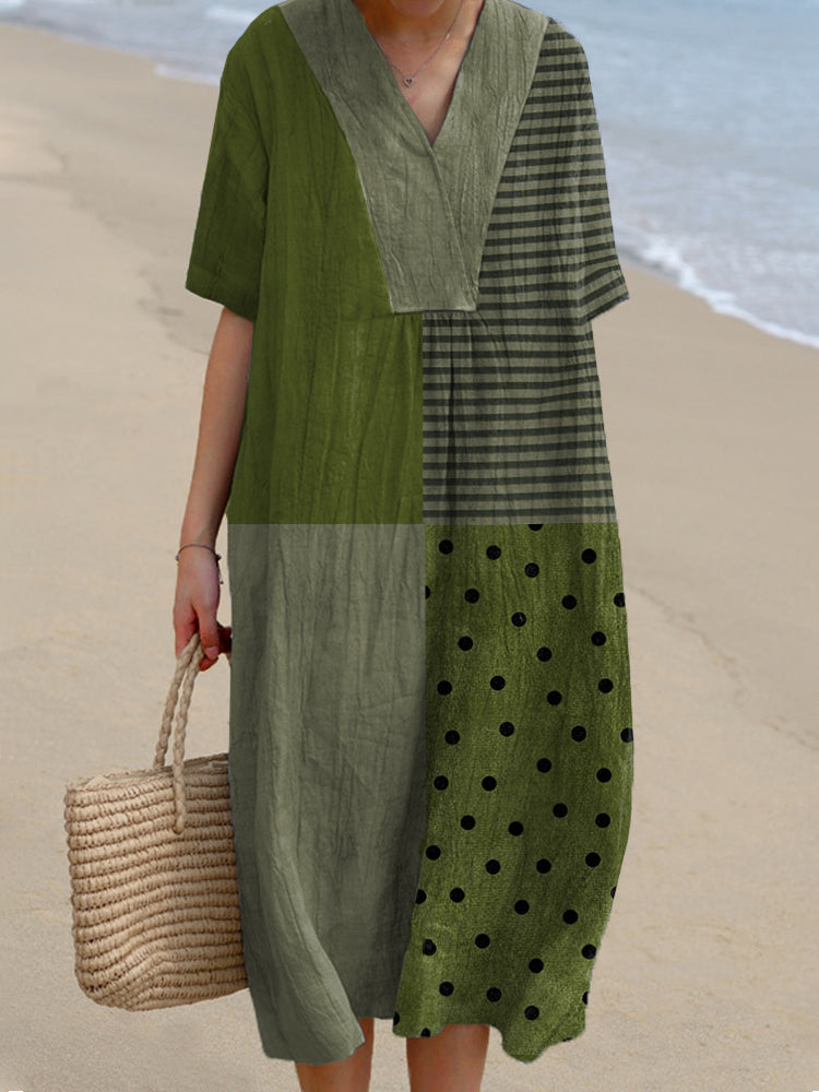 Vintage Patchwork Linen Blend V-Neck Dress elevenforest