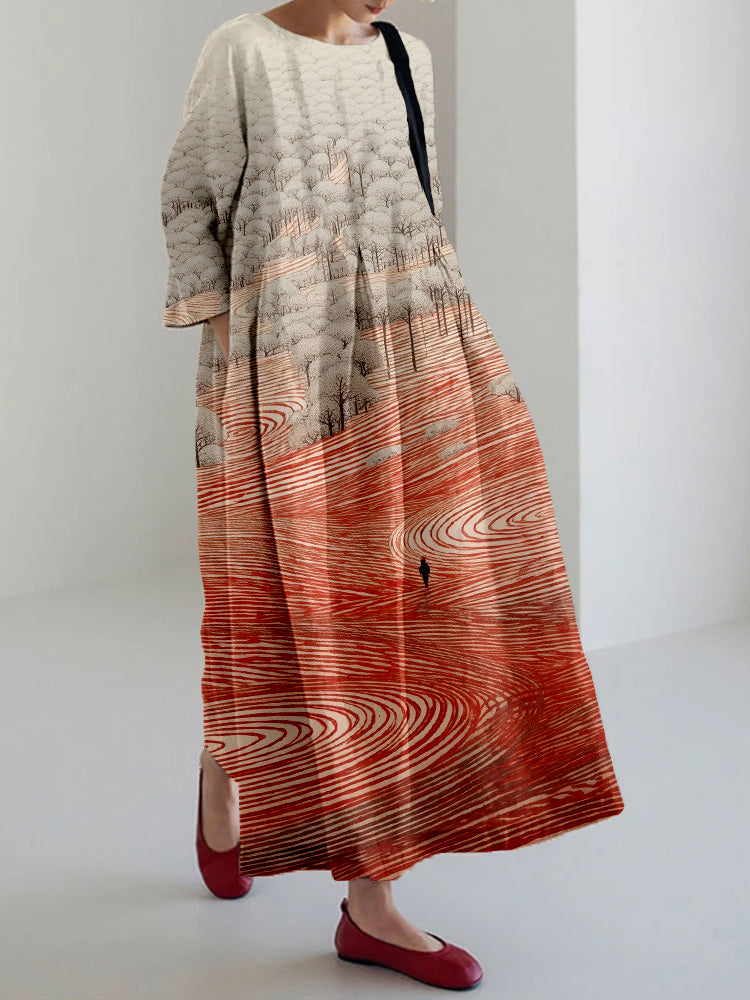 Comstylish Vintage Zen Garden Art Pattern Linen Blend Maxi Dress