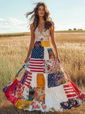 Western Floral Patchwork Flag Element Vintage Women's Linen Maxi Dress elevenforest